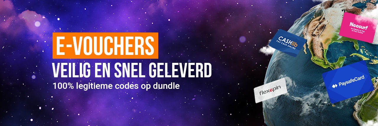Een paarse sterrenbanner met een planeet en zwevende betaalkaarten.