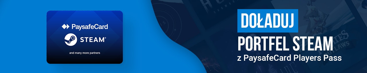 Grafika przedstawiająca kartę PaysafeCard Players Pass z logo Steam na niebieskim tle.