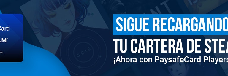 paysafecard-players-pass-steam-wallet-top-up.png Logo PaysafeCard Players Pass en una tarjeta regalo Steam con el mensaje “Sigue recargando tu Cartera de Steam”