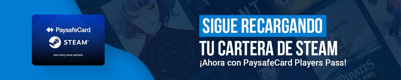 Logo PaysafeCard Players Pass en una tarjeta regalo Steam con el mensaje “Sigue recargando tu Cartera de Steam”