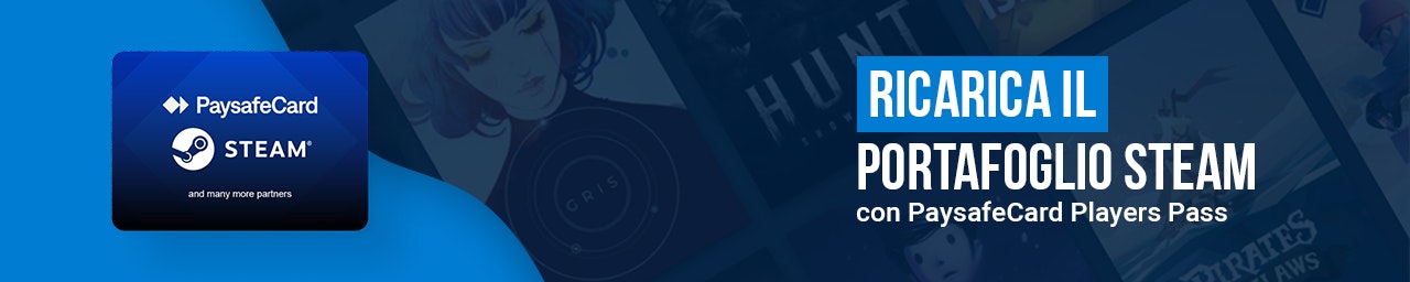 PaysafeCard Players Pass con una Steam Gift Card e il messaggio “Ricarica ancora il tuo Steam Wallet”