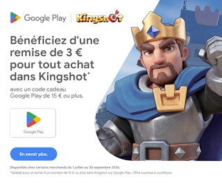 Remise de 3 € pour ton jeu Kingshot Profite de 3 € de remise sur tes achats dans Kingshot avec une carte Google Play