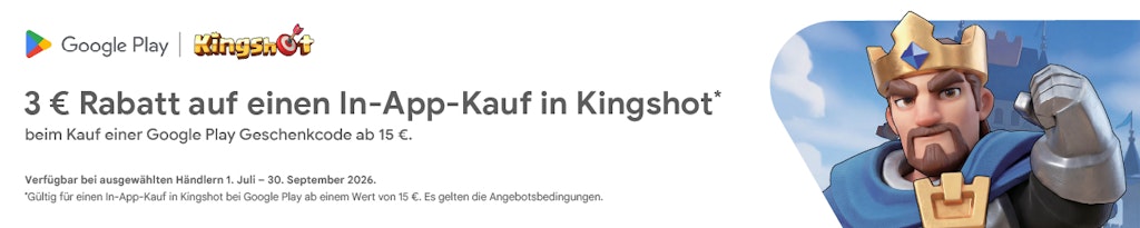 3 € rabatt auf einen in-app kauf in Kingshot beim kauf einer Google Play code