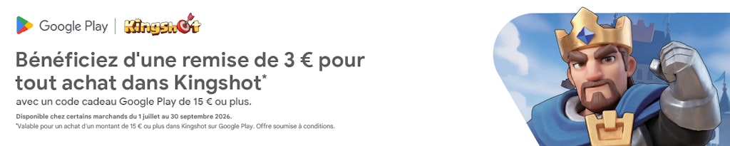 Remise de 3 € pour ton jeu Kingshot Profite de 3 € de remise sur tes achats dans Kingshot avec une carte Google Play
