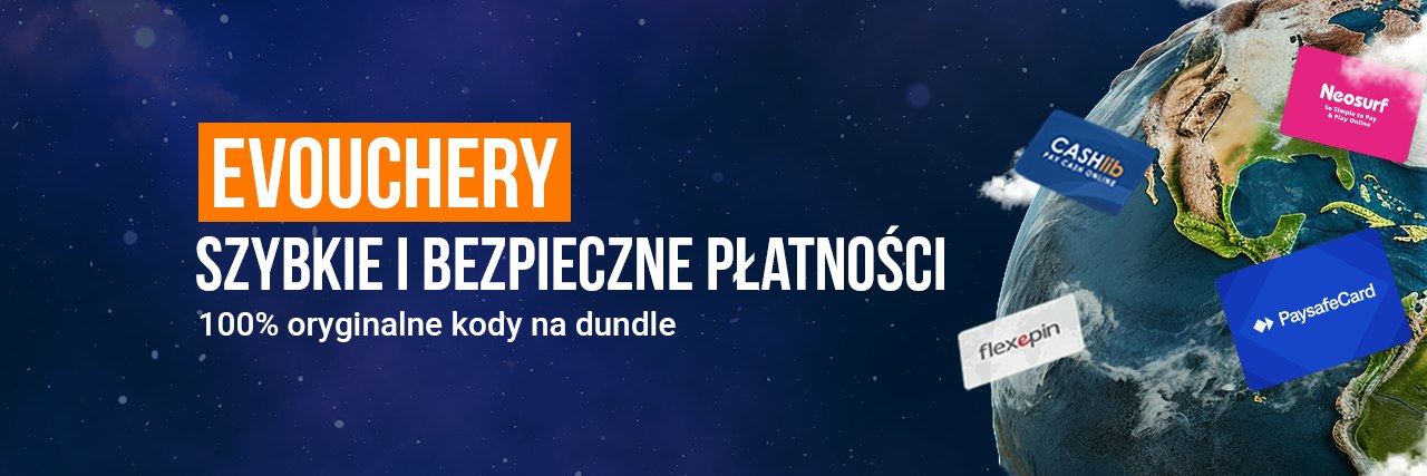 Niebieskie tło z ziemią i kartami podarunkowymi po prawej, na środku napis "eVouchery Szybkie i bezpieczne płatności 100% oryginalne kody na dundle"