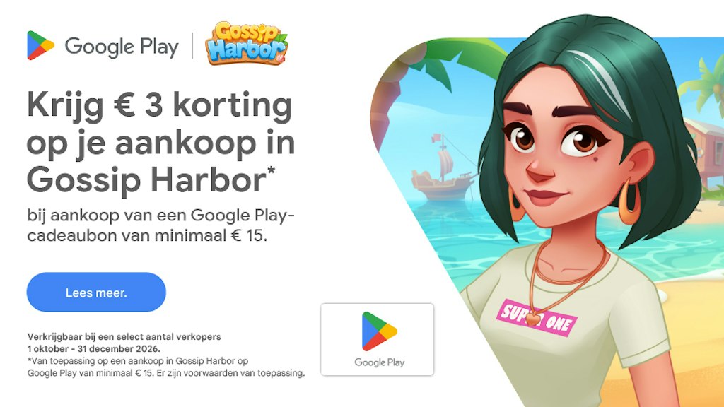 Korting via Google Play x Gossip Harbor Ontvang € 3 aan Google Play-tegoed in Gossip Harbor