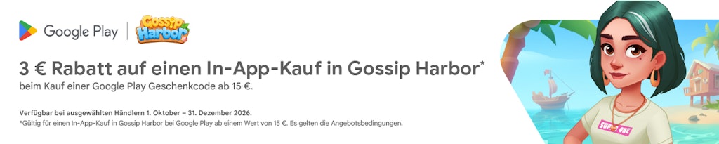 Rabatt bei Google Play x Gossip Harbor Hol dir 3 € in „Gossip Harbor“ mit Google Play-Guthaben
