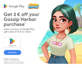 Get €3 in Gossip Harbor with Google Play credit