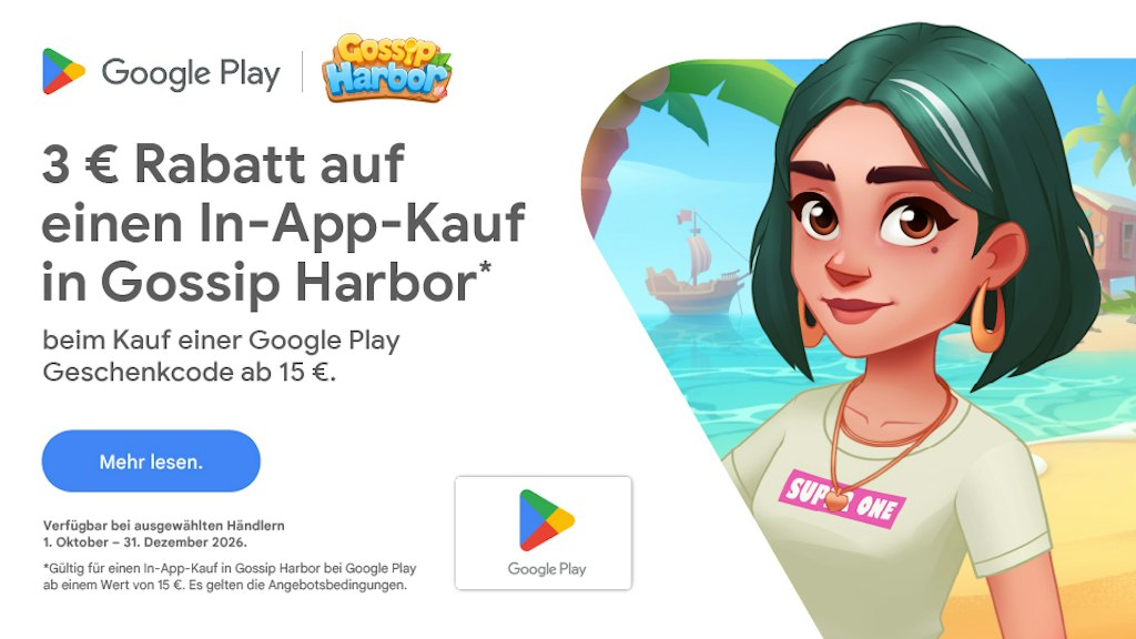 Rabatt bei Google Play x Gossip Harbor Hol dir 3 € in „Gossip Harbor“ mit Google Play-Guthaben