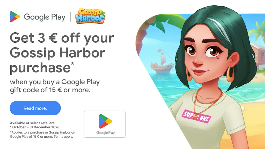 Get €3 in Gossip Harbor with Google Play credit