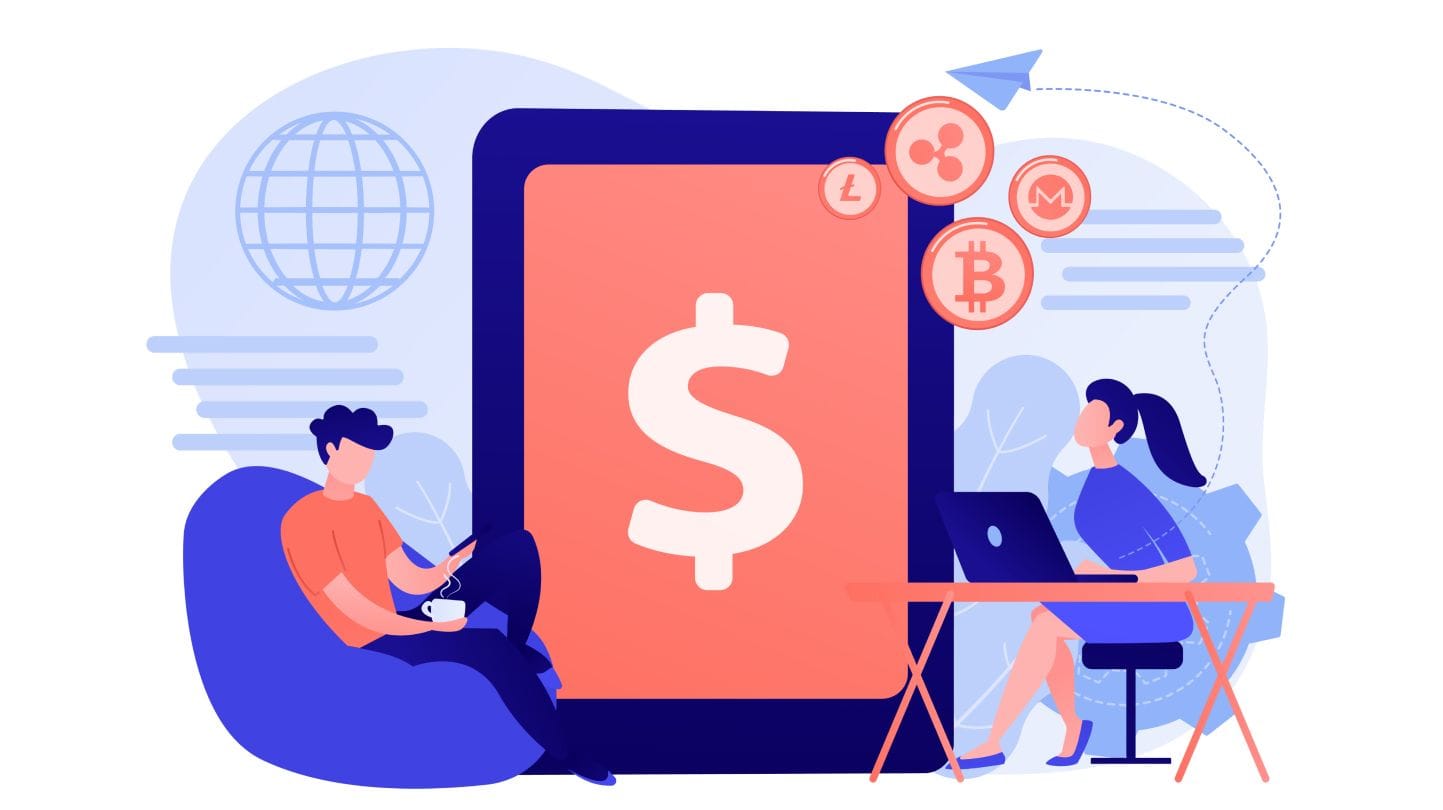Illustration von zwei Menschen, die um ein riesiges Tablet stehen, das ein großes Dollar-Zeichen abbildet.