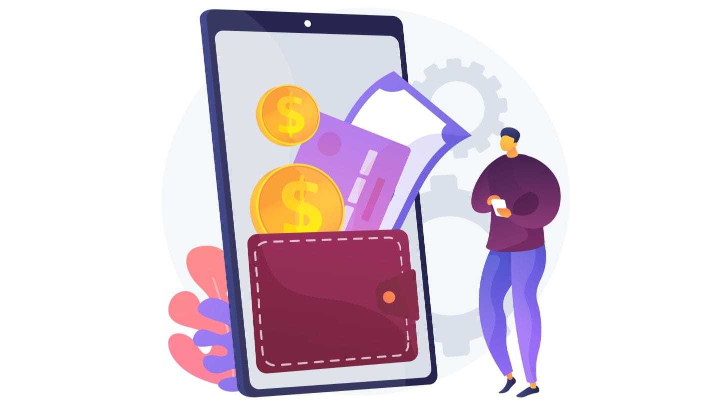Illustration eines Handys, mit darin eine Geldbörse voller Geld und einer Karte. Nebendran steht eine Person am Handy.