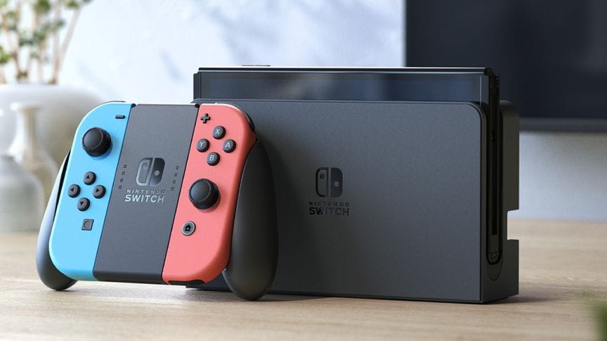 Nintendo Switch standing up in a bright room