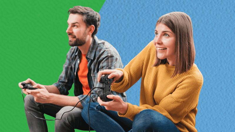 Valentine's Gaming article banner image of a guy and girl playing video games