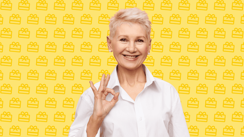 Perfect presents for older parents banner image, smiling woman.