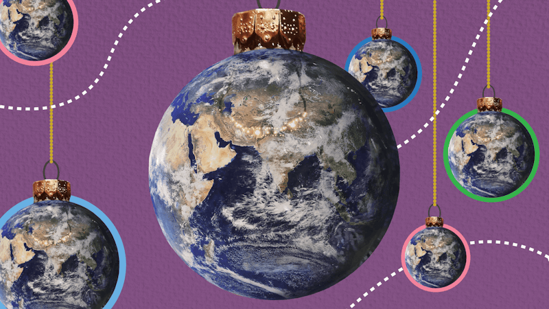 Collage of christmas balls created with globe images.
