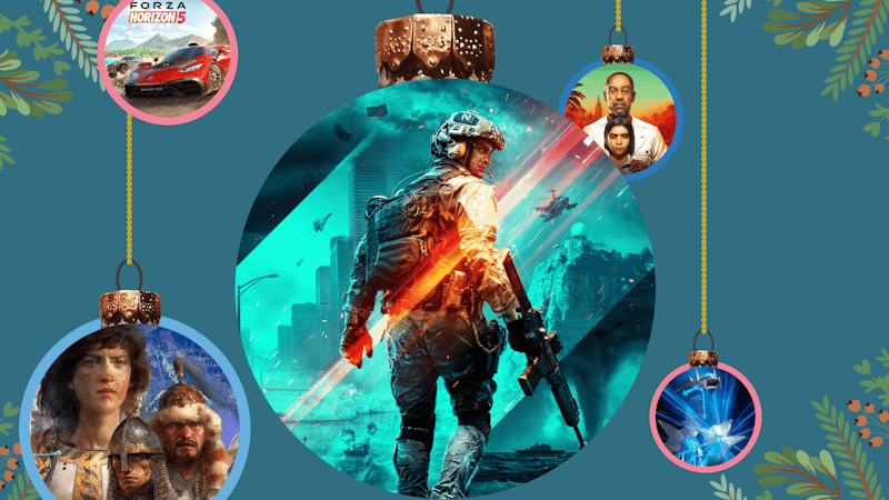 Christmas ornaments with various video game characters are hanging in front of a blue background