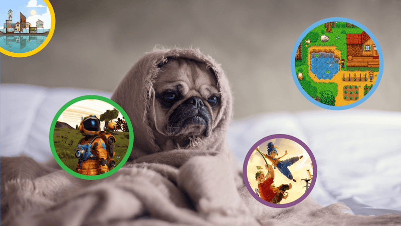 A tired pug with a blanket, surrounded by circles with different video games