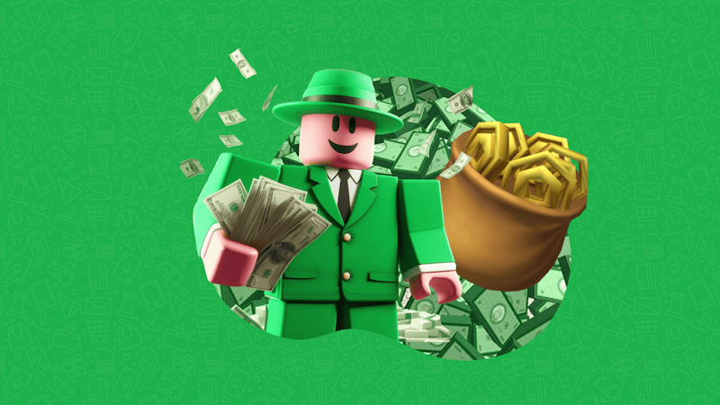 Roblox character holding lots of Robux