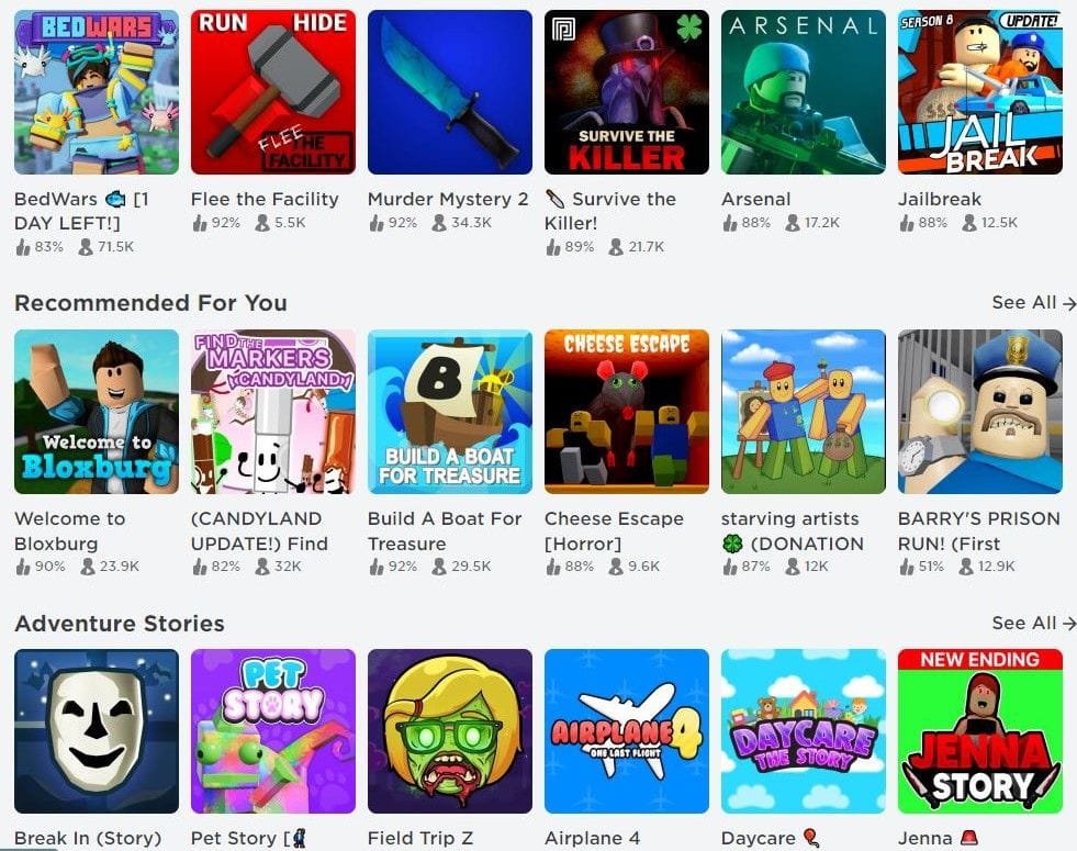 Roblox menu with games