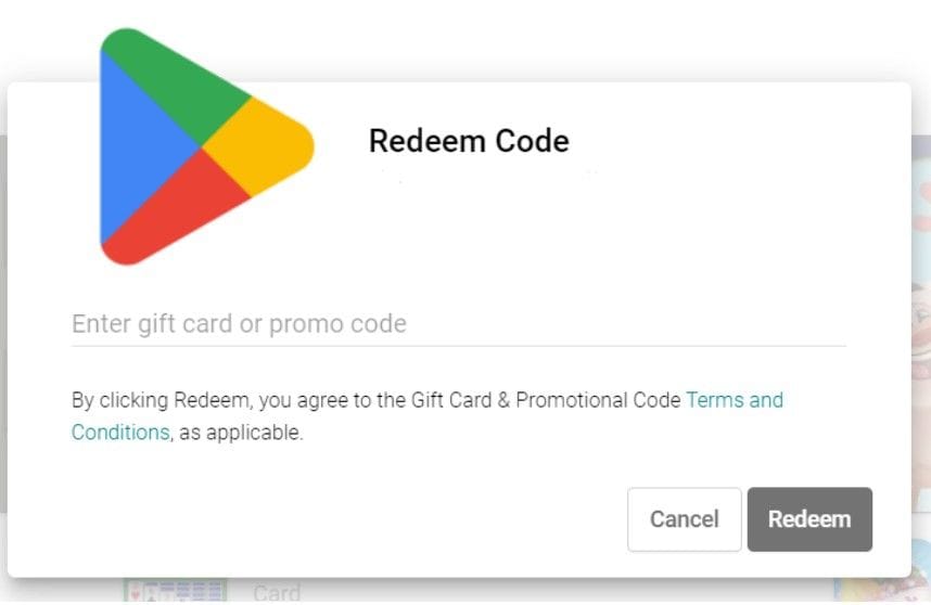 Screenshot przedstawiający okienko to realizacji karty podarunkowej Google Play.