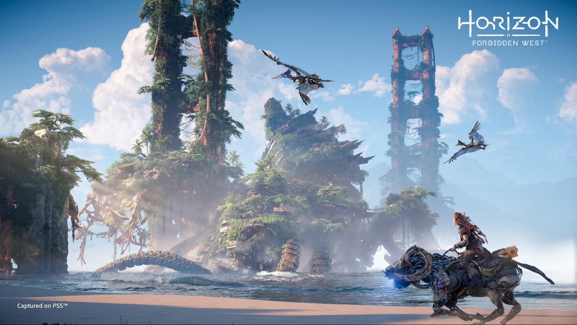 Aloy, the woman with red hair and primitive clothes, from Horizon Forbidden West, riding on a robot animal near the coast, with water and a destroyed and overgrown Golden Gate Bridge