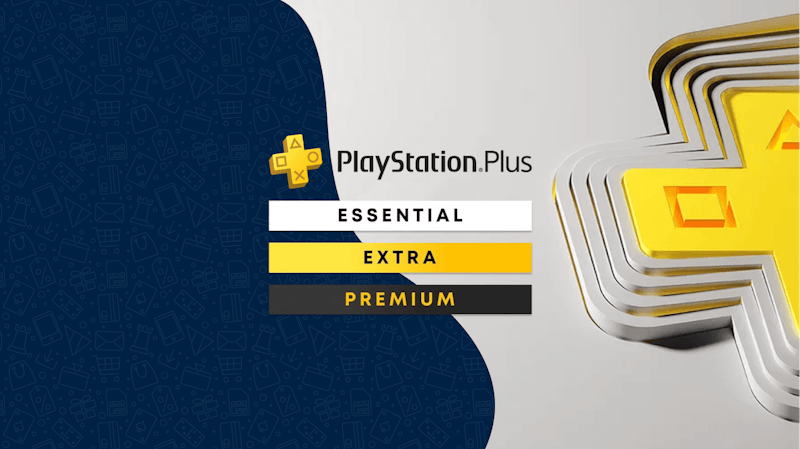 PlayStation Plus tiers: Essential, Extra and Premium shown on the dundle background with a the PlayStation Plus side on the right hand side of the image.