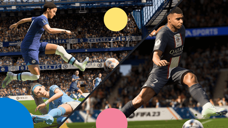 A female football player jumping with the ball over a sliding football player, and male footballer running with the ball in a stadium full of people in FIFA 23.