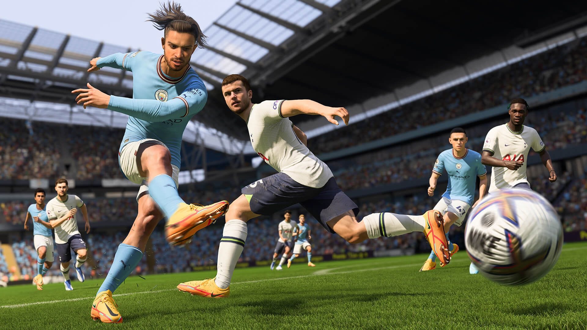 A football stadium full of players into action, with one player kicking the ball. With the crowd in the background in FIFA 23.