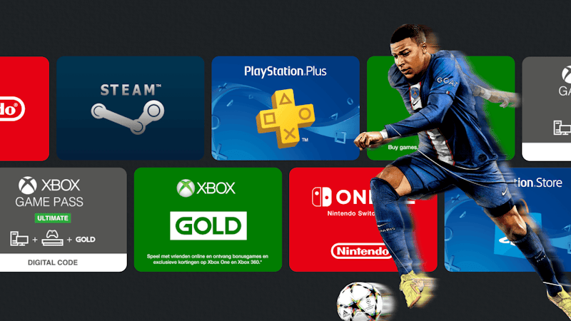 Football player running with the ball, with a background full of gift cards.