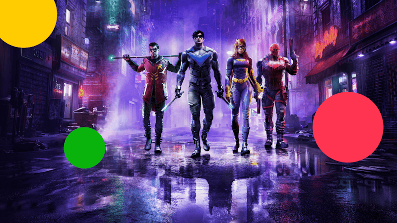 The four heroes of the Bat Family in Gotham Knights: Robin, Nightwing, Batgirl and Red Hood walking in a rainy street with purple lighting.