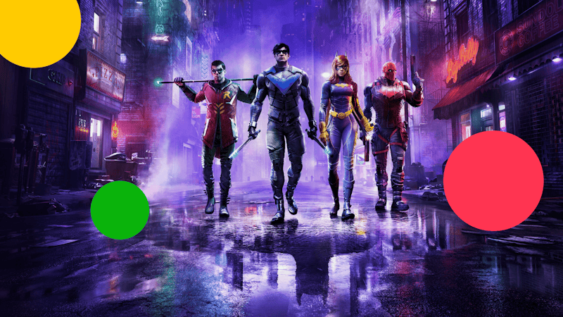 The four heroes of the Bat Family in Gotham Knights: Robin, Nightwing, Batgirl and Red Hood walking in a rainy street with purple lighting.