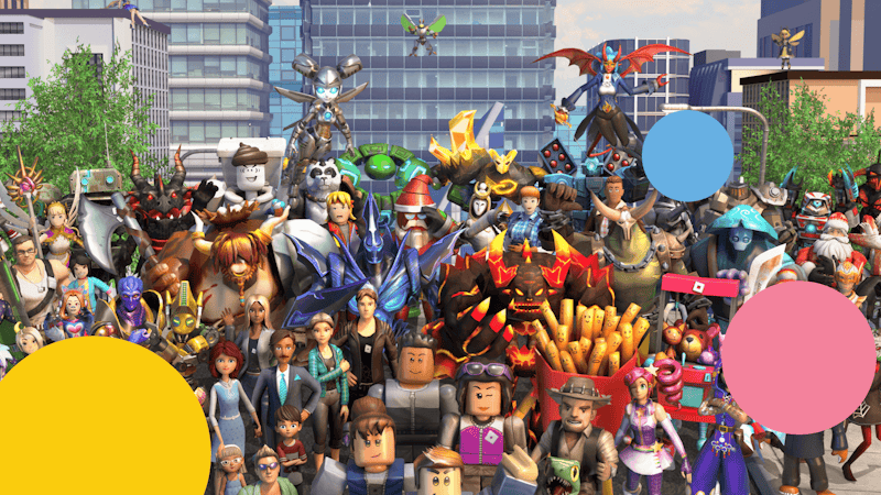 Tientallen fictieve personages op straat in Roblox tussen hoge gebouwen.