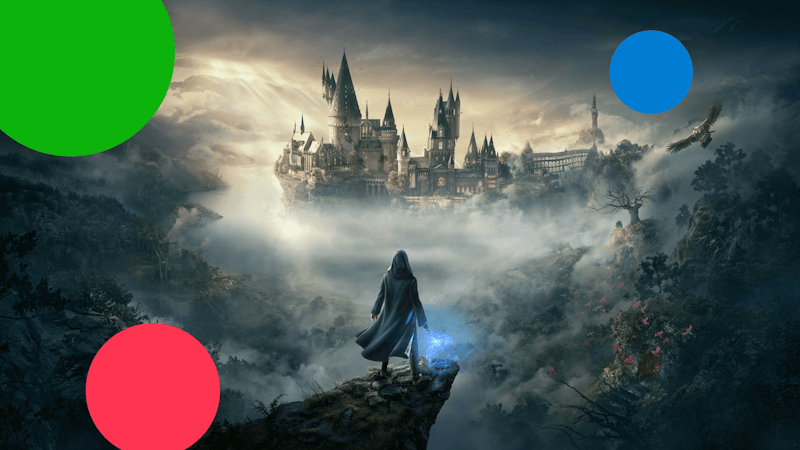 A wizard from Hogwarts Legacy standing on a rock with a wand in their hand, looking out over the misty valley with Hogwarts in the background.