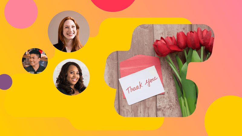 Thank you letter with flowers next to floating portraits of happy people.