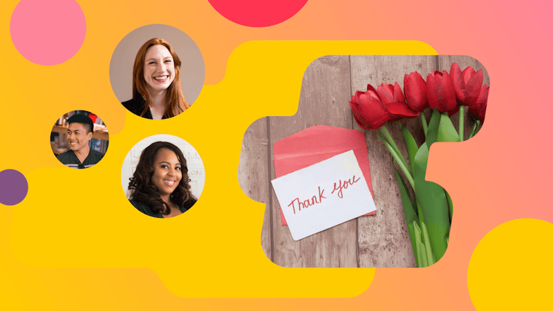 Thank you letter with flowers next to floating portraits of happy people.