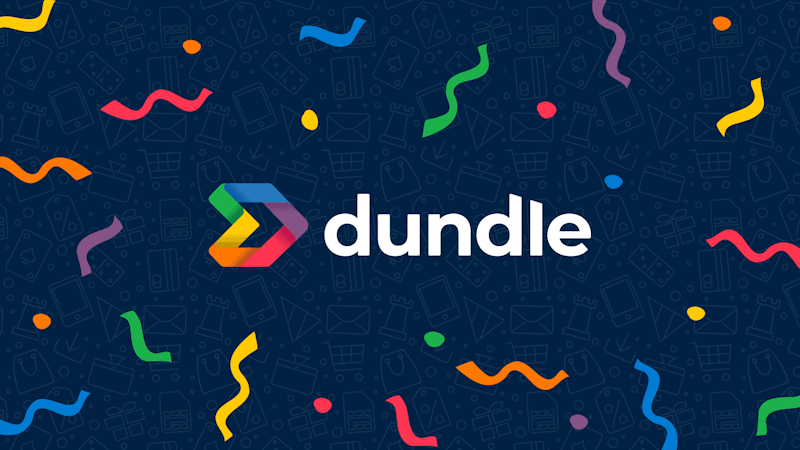 The new Dundle logo on a background of colorful confetti
