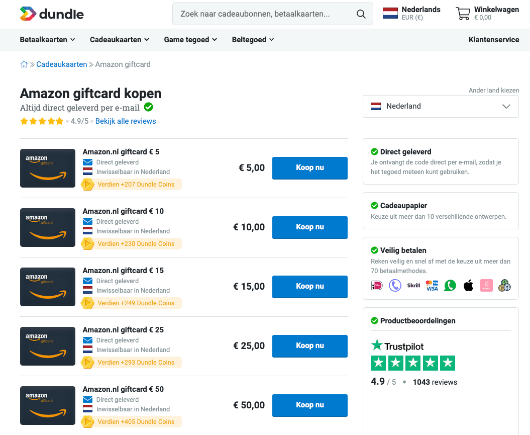 Screenshot van een aankoop van een Amazon Gift Card op de website van dundle.