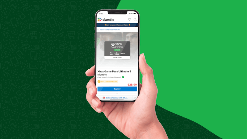 A hand holding a phone in front of a green background. The screen displays an Xbox Game Pass Ultimate giftcard for three months of use.