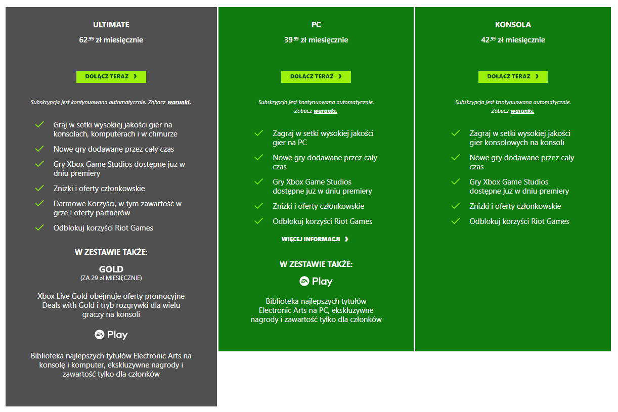 Screenshot przedstawiający trzy plany Xbox Game Pass wraz z ceną i zawartością każdej subskrypcji.