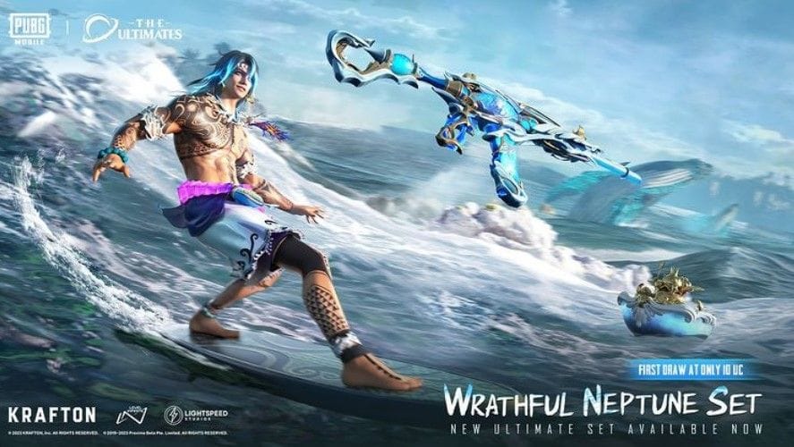 Wrathful Neptune on a surfboard riding the waves next to a custom weapon and whales jumping out of the water in the distance.