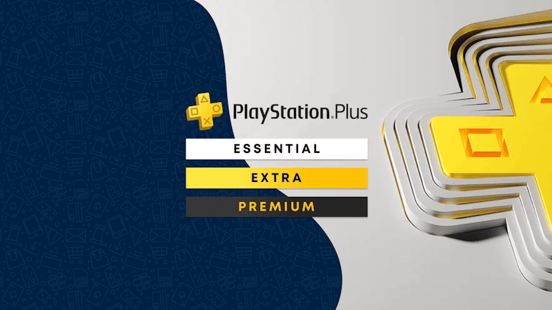 Abonnements PlayStation Plus : Essential, Extra et Premium sur fond bleu, avec le côté PlayStation Plus à droite de l'image.