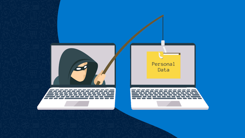 A header image for an article about famous scams showing two vector-style laptops. One laptop displays a person wearing a black hood and holding a fishing rod. The other screen shows a yellow briefcase with the text “personal data”.