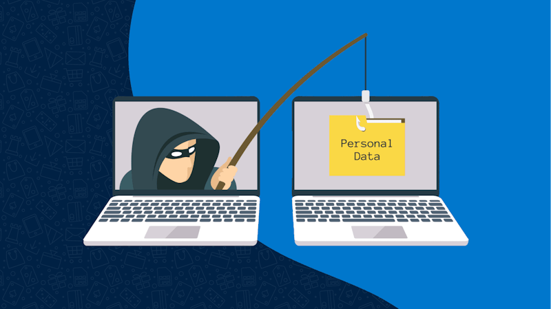 A header image for an article about famous scams showing two vector-style laptops. One laptop displays a person wearing a black hood and holding a fishing rod. The other screen shows a yellow briefcase with the text “personal data”.