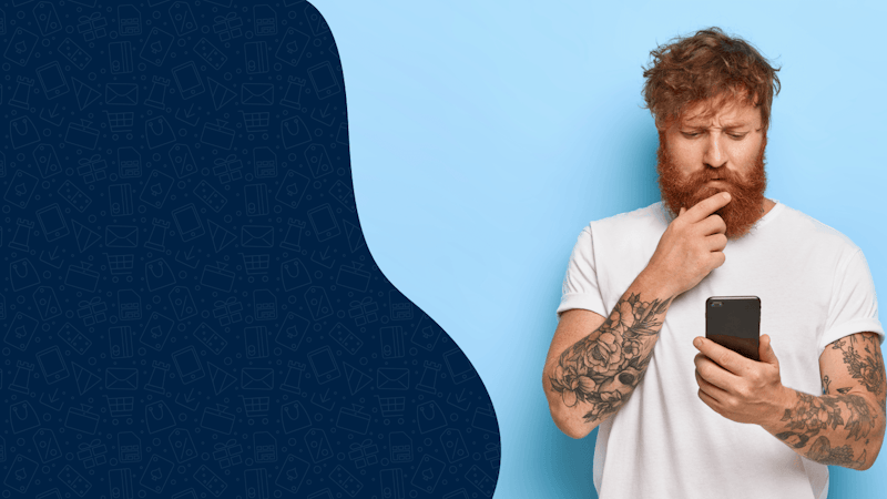 Man in white shirt looking at phone before a blue and dark blue background thinking about what to do if you've been scammed.