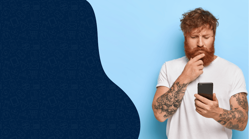 Man in white shirt looking at phone before a blue and dark blue background thinking about what to do if you've been scammed.