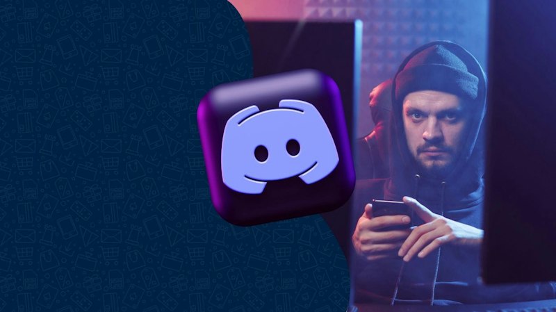 Big Discord logo in the center of the image, with a person in the background looking into the camera suspiciously.