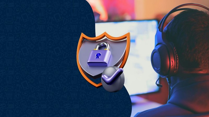 Image with an icon of a shield and padlock in the center. On the right, from behind, a person with headphones looks at their computer screen. On the left is a dark blue background with a pattern.