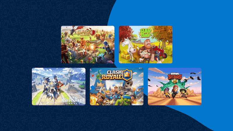 5 Supercell mobile games on display in five display tiles. The top two are Clash of Clans and Hay Day, with the bottom three, from left to right are Genshin Impact, Clash Royale and Brawl Stars.
