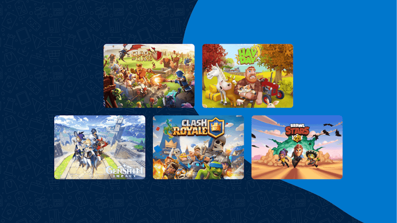 5 Supercell mobile games on display in five display tiles. The top two are Clash of Clans and Hay Day, with the bottom three, from left to right are Genshin Impact, Clash Royale and Brawl Stars.